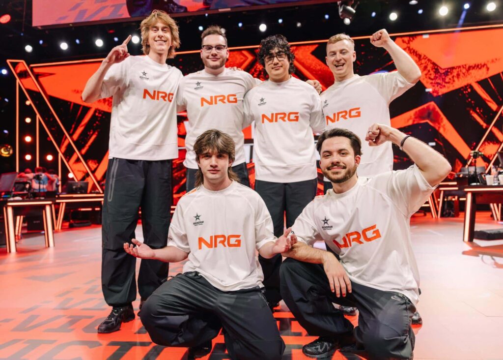 NRG VALORANT roster posing together on stage at the VCT Americas Kickoff