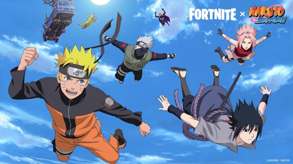 Animated "Naruto" characters diving through a blue sky with a Fortnite bus and banana figure