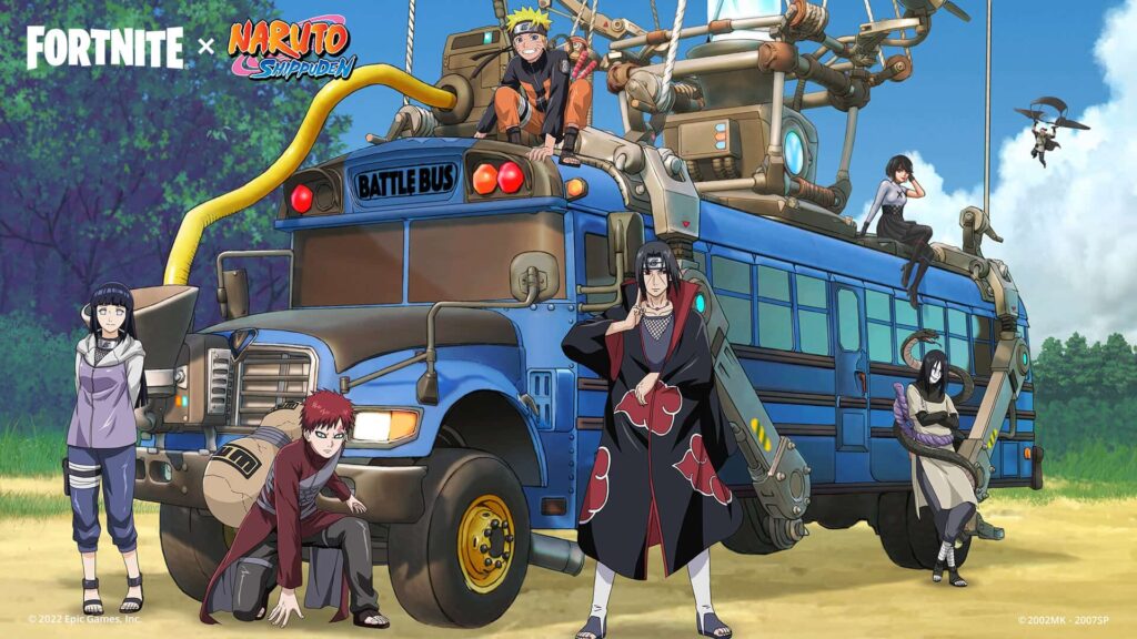Naruto Shippuden characters gather around the Battle Bus during a Fortnite crossover