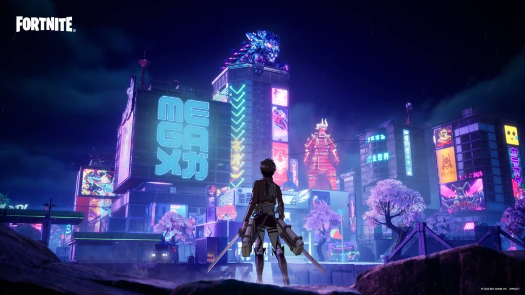 A lone character looks over a futuristic neon city inspired by anime during a Fortnite crossover