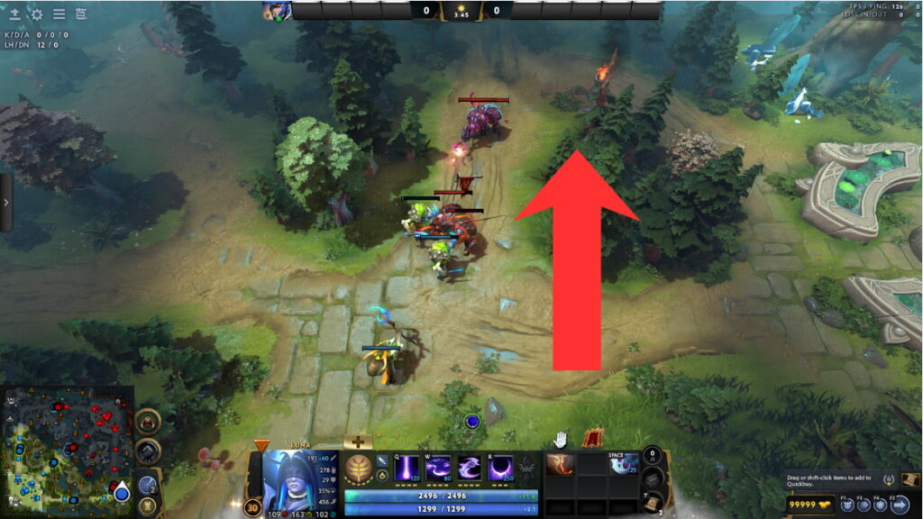 A red arrow highlights a pulled neutral camp interaction in a Dota 2 match