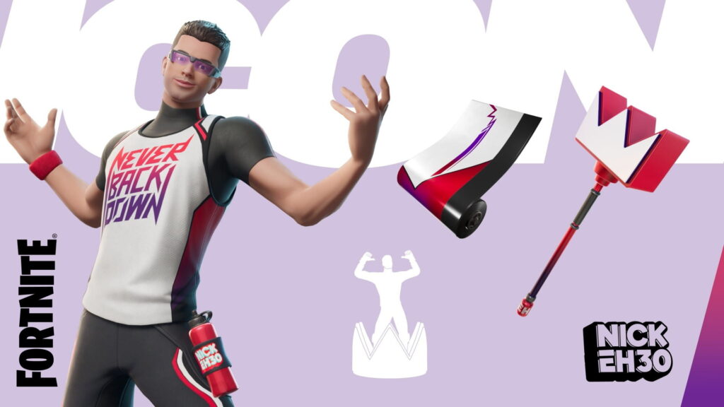 Nick Eh 30 Fortnite Icon Series skin featuring the creator’s character wearing a “Never Back Down” jersey