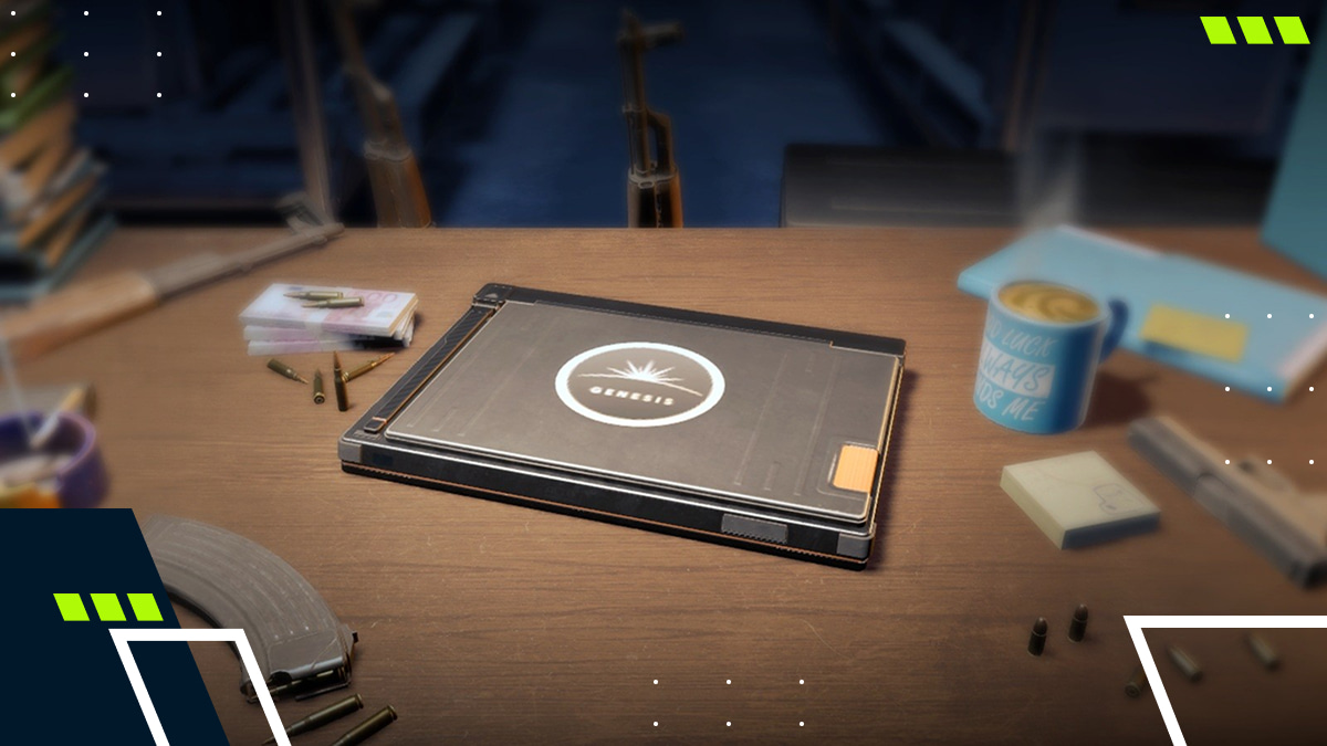 A wooden desk with a black tablet, bullets, books, a steaming mug, a folder, and a lighter