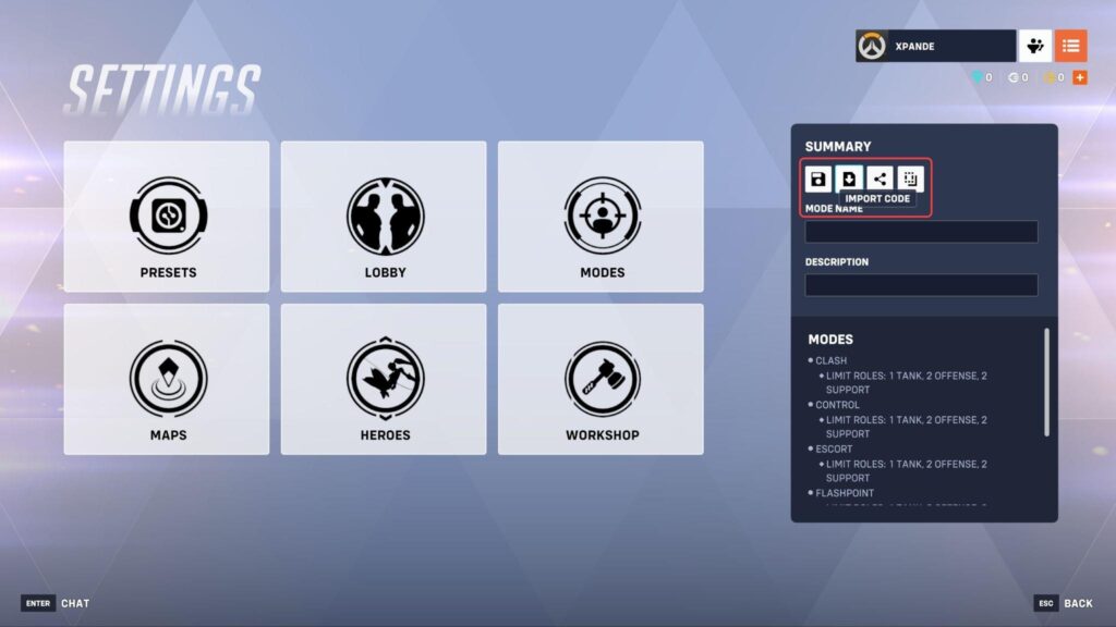 Overwatch 2 custom game settings screen showing presets, lobby, modes, heroes and maps