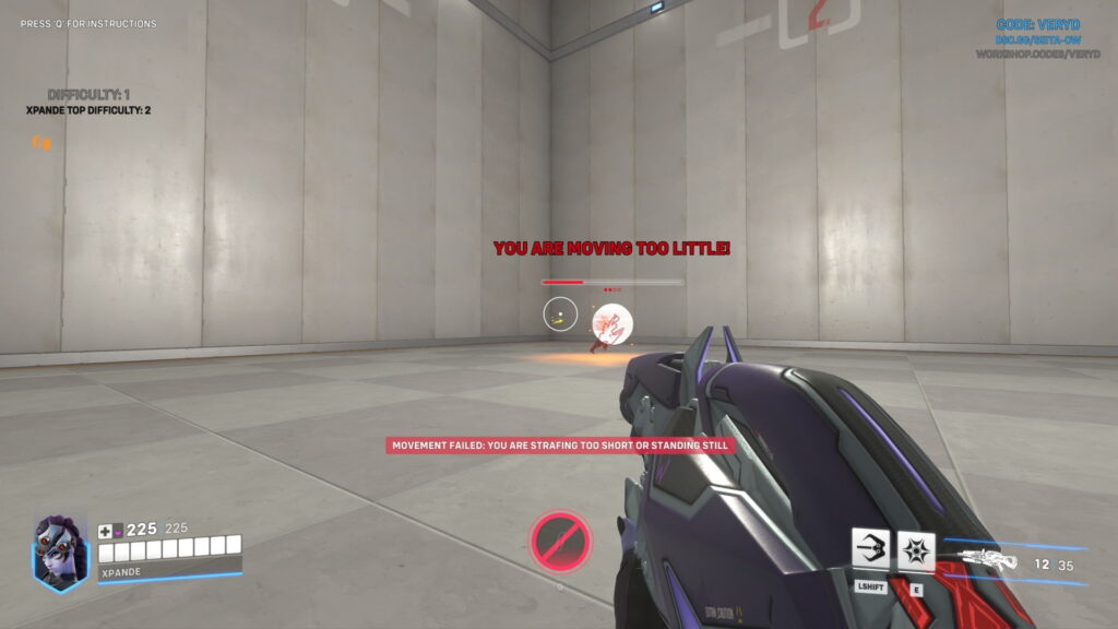 First-person view of Overwatch 2 aim training using the VERYD Workshop code