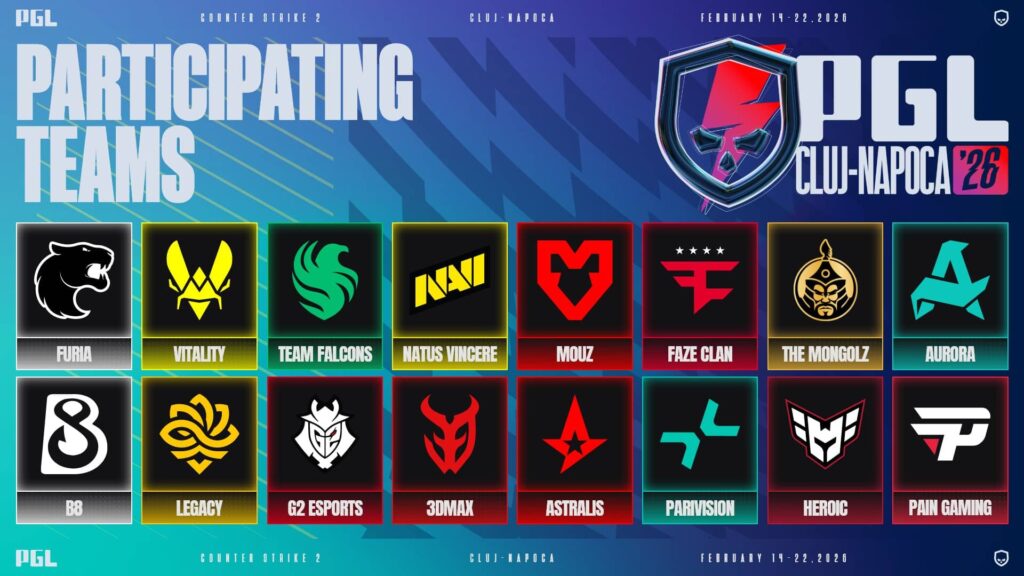 Participating teams graphic for the PGL Cluj-Napoca 2026 Counter-Strike 2 tournament