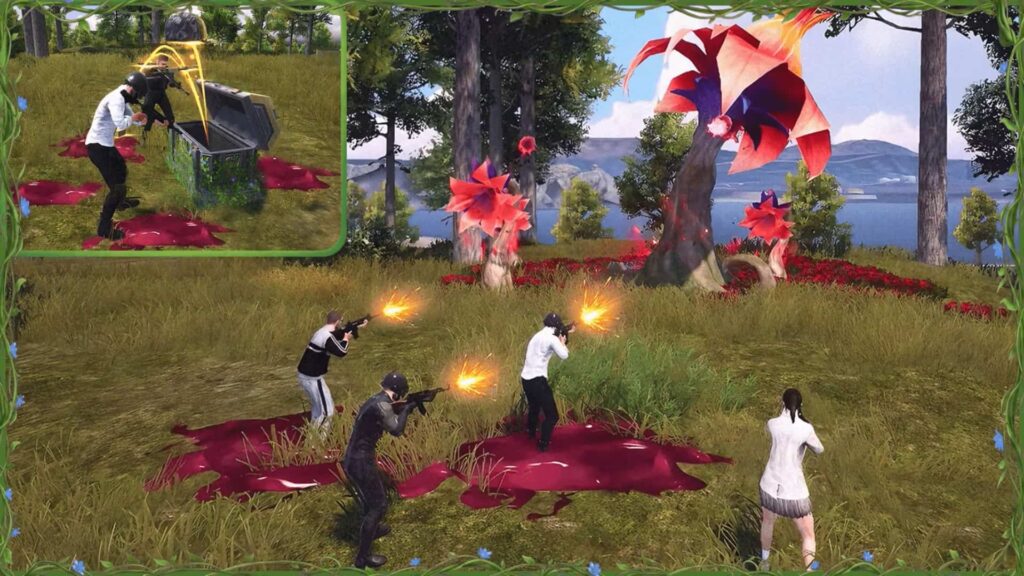 Players fighting Corruption Flowers during the PUBG Mobile 4.2 Primewood Genesis event