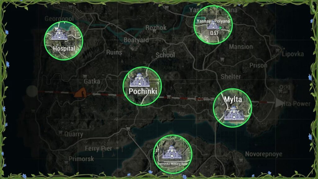 Erangel map highlighting redesigned zones in the PUBG Mobile 4.2 Primewood Genesis update