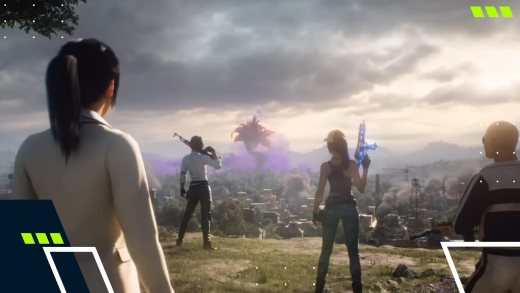 Squad overlooking a corrupted city zone during the PUBG Mobile 4.2 Primewood Genesis event