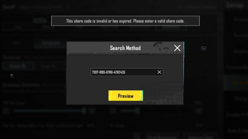 PUBG Mobile error message indicating an invalid or expired sensitivity share code.