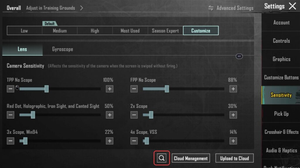 PUBG Mobile sensitivity menu showing camera and scope sliders for recoil control.
