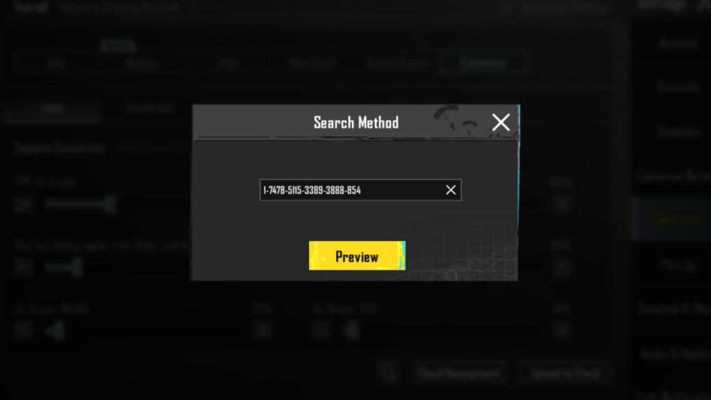 Search Method window in PUBG Mobile used to import a sensitivity code.