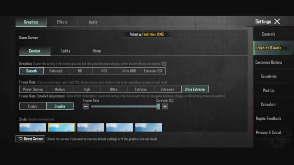 Video game graphics and audio settings menu with various customization options