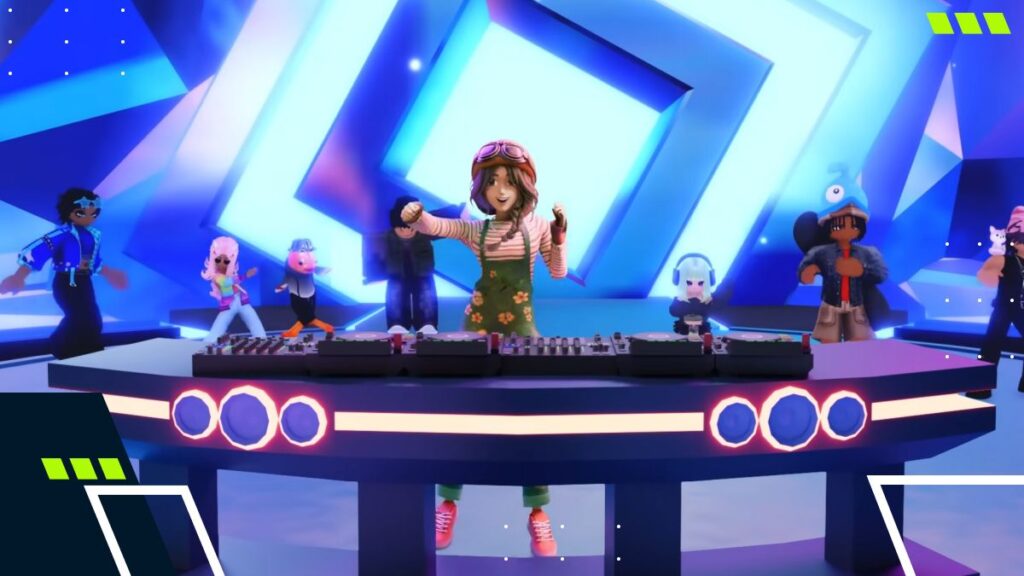 Roblox avatars gathered around a DJ booth using a boombox interface to play music with Roblox Music IDs, showing how players add and use audio codes in supported experiences.