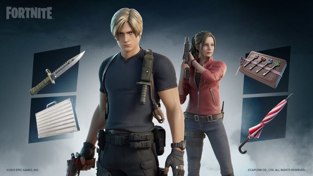A promotional image for a Fortnite collaboration, featuring the characters Leon Kennedy and Claire Redfield from the Resident Evil series