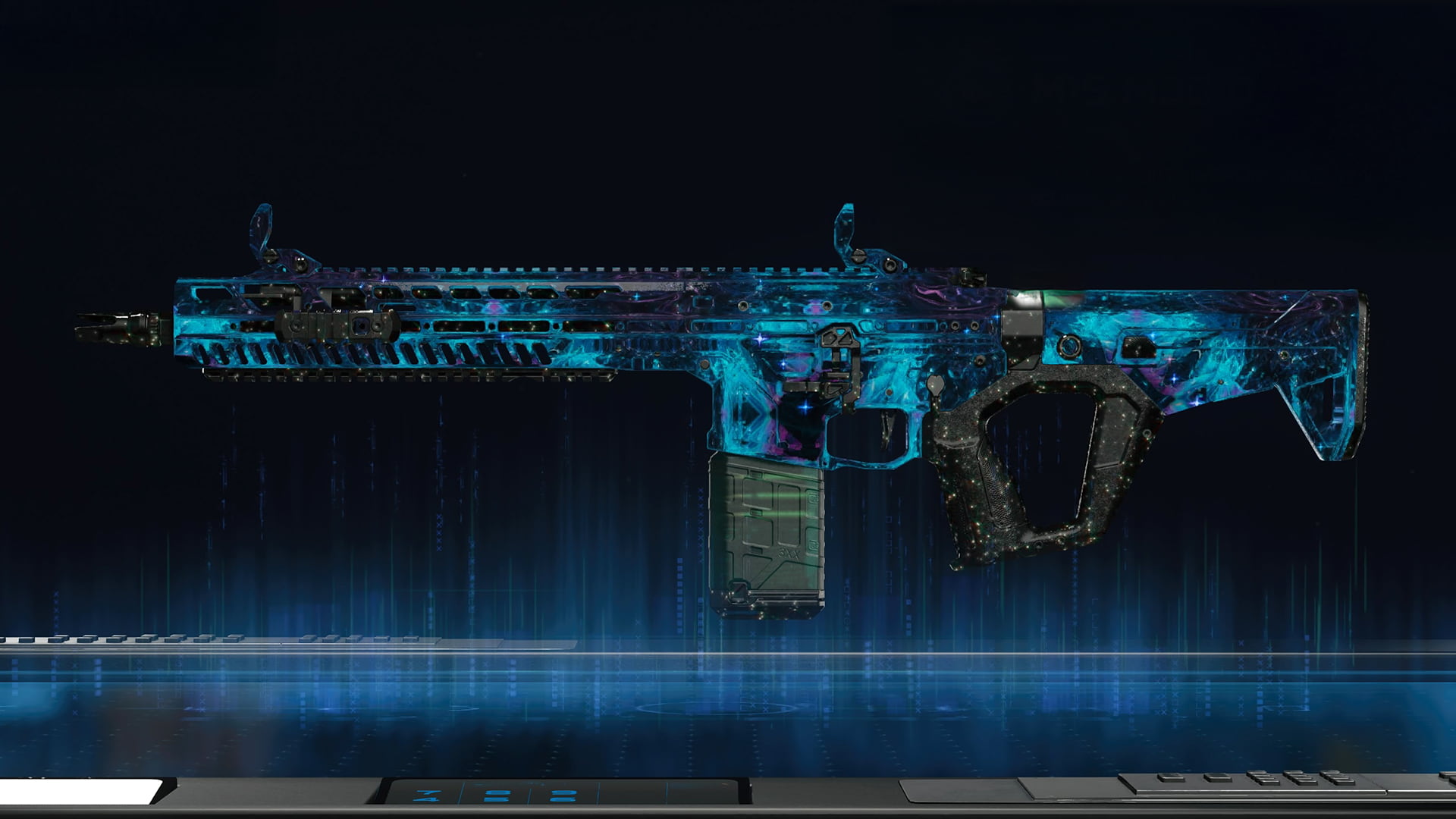 A futuristic assault rifle from CoD with a blue and purple nebula/galaxy camouflage skin sits displayed on a dark background with blue lighting effects