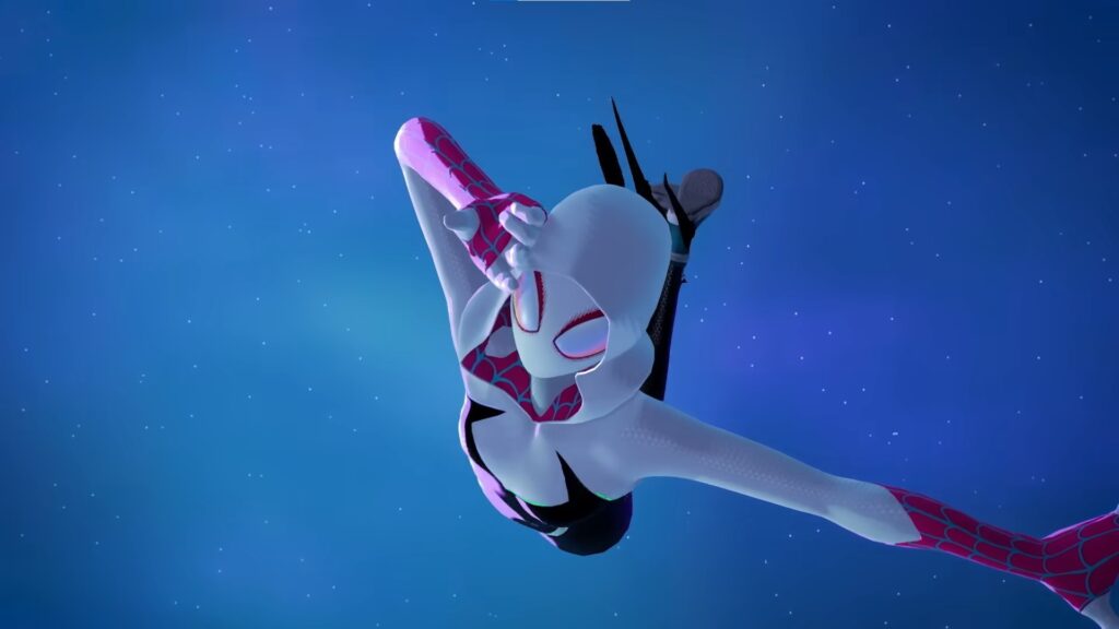 Animated character in a white and pink costume performing acrobatics against a starry, blue sky