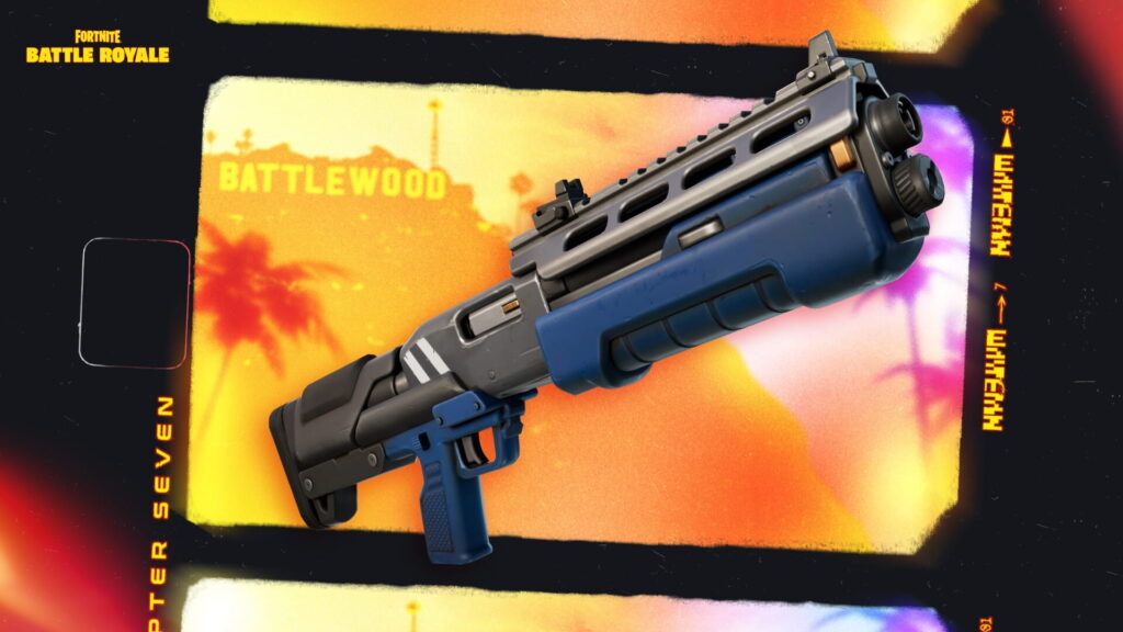 A compact blue and gray shotgun is displayed as part of the Fortnite Battle Royale weapon lineup