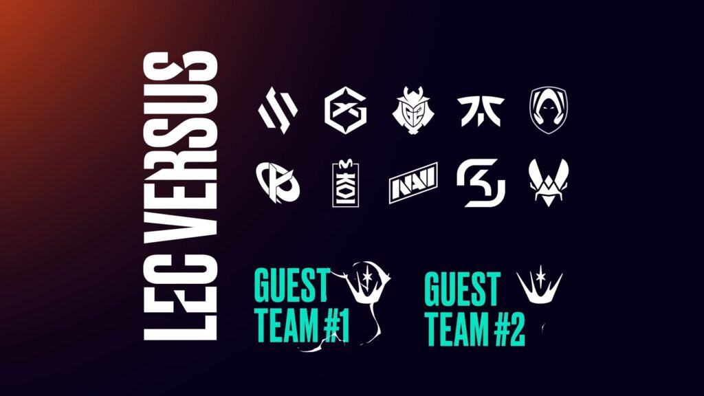 LEC Versus 2026 teams graphic displaying logos of participating teams, including G2 Esports, Fnatic, Karmine Corp, Team Vitality, NAVI, SK Gaming, Movistar KOI, Team Heretics, GIANTX, Shifters, and two guest teams