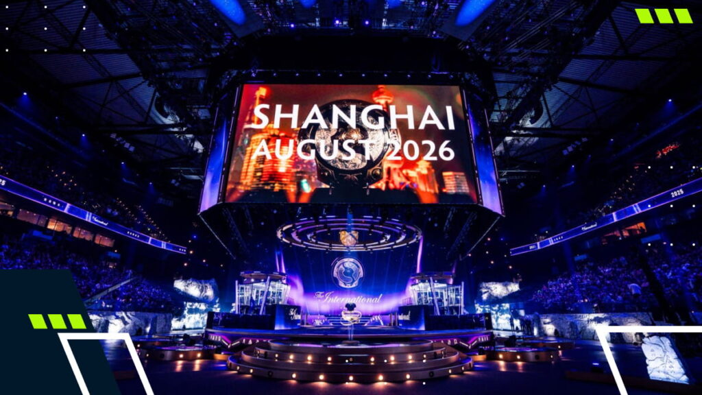 Dota 2 The International stage with on-screen text “Shanghai August 2026”