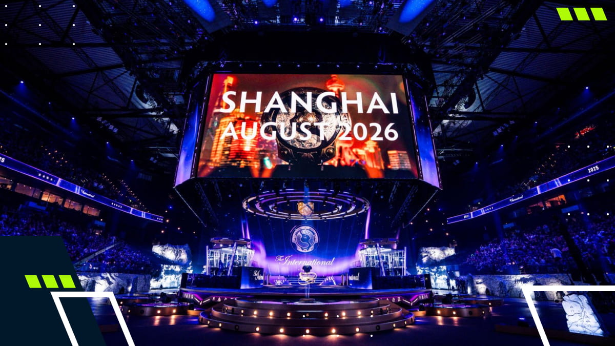 Dota 2 The International stage with on-screen text “Shanghai August 2026”