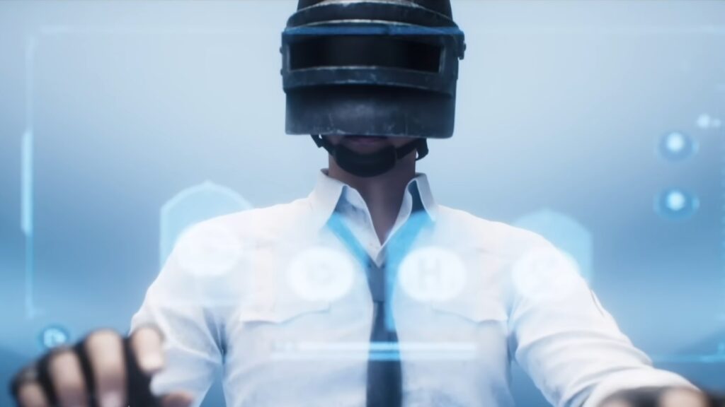 Close-up of a PUBG Mobile character wearing the iconic combat helmet and white shirt, interacting with a futuristic interface, symbolizing customization and choosing a unique in-game name.