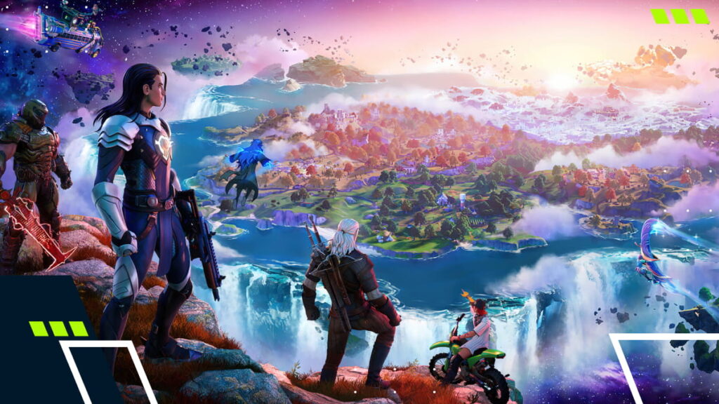 Iconic characters stand on a cliff overlooking the evolving island landscape in Fortnite