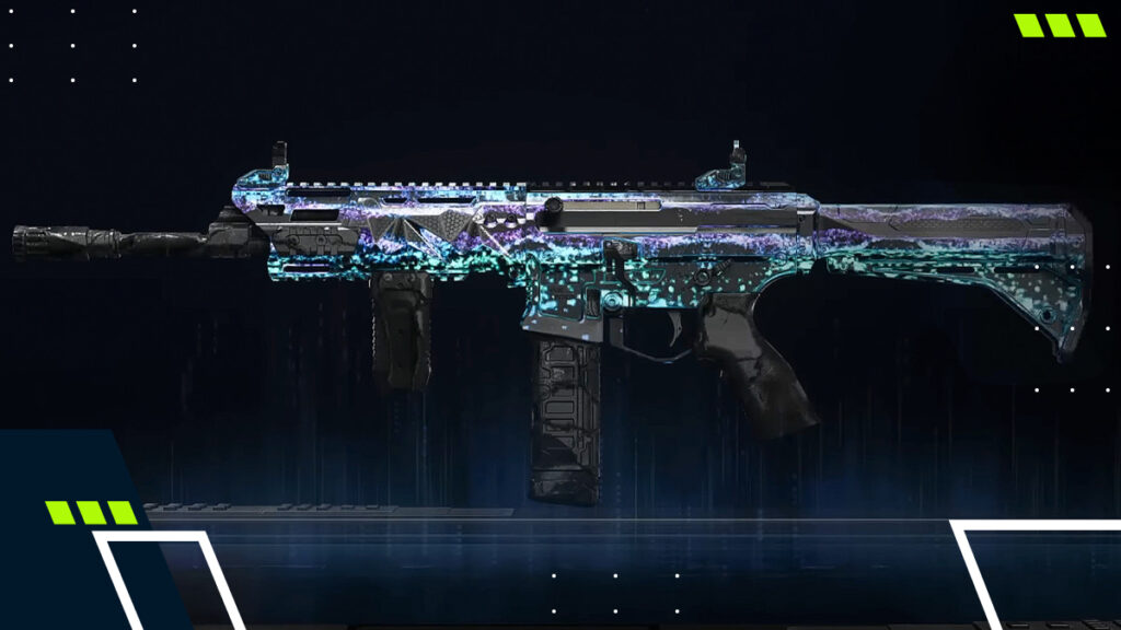A screenshot from a Call of Duty video game showing a customized submachine gun with a glowing, space-themed camouflage pattern in teal, purple, and blue colors