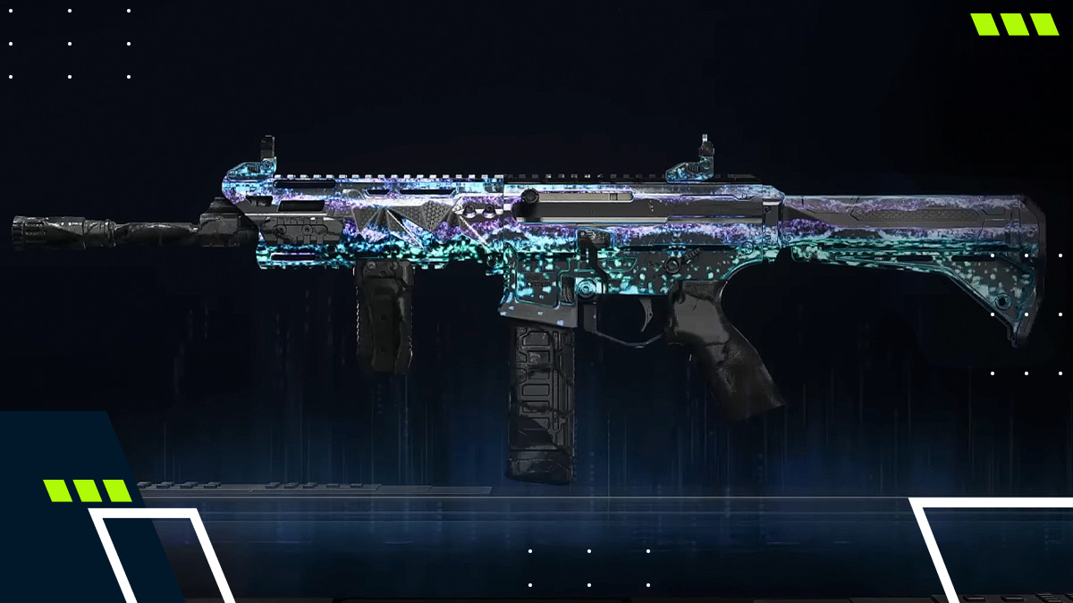 A screenshot from a Call of Duty video game showing a customized submachine gun with a glowing, space-themed camouflage pattern in teal, purple, and blue colors