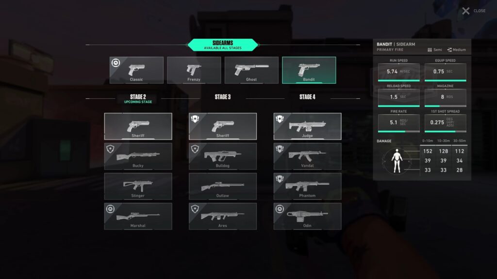 VALORANT All Random One Site weapon selection screen displaying sidearms and rifles across different stages, with no economy and expanding loadouts.