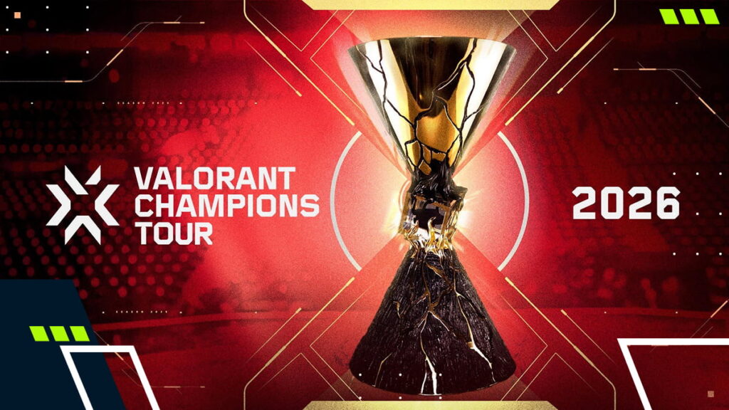 The VALORANT Champions Tour trophy shown against a red background for the 2026 season