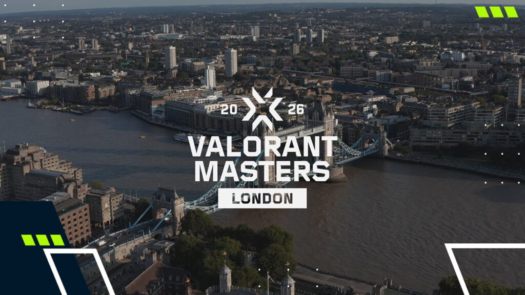 Aerial view of London with Tower Bridge and "Valorant Masters London 2026" text overlay