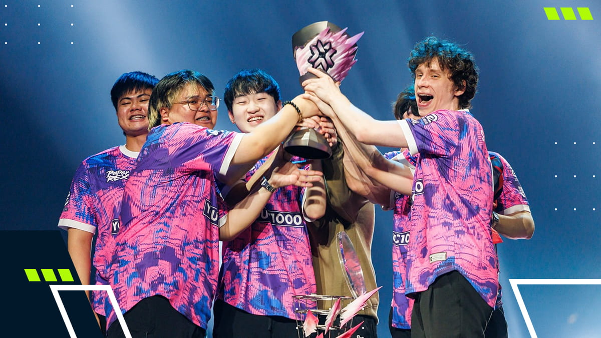 Paper Rex players lifting a trophy at a VALORANT esports event