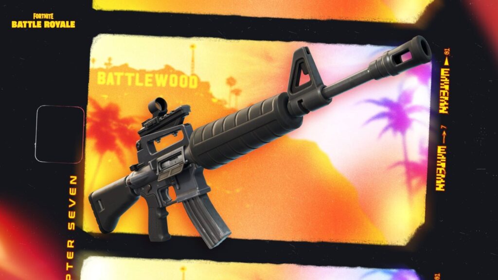 Fortnite Chapter 7 Mythic weapon showcase featuring high-tier guns used by bosses, including the Deadeye Assault Rifle and Twin Hammer Shotguns in Battle Royale gameplay.