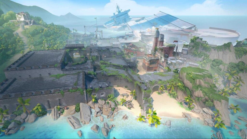 Wide aerial shot of Breeze highlighting its tropical setting, open spaces, ruins, and surrounding ocean cliffs.