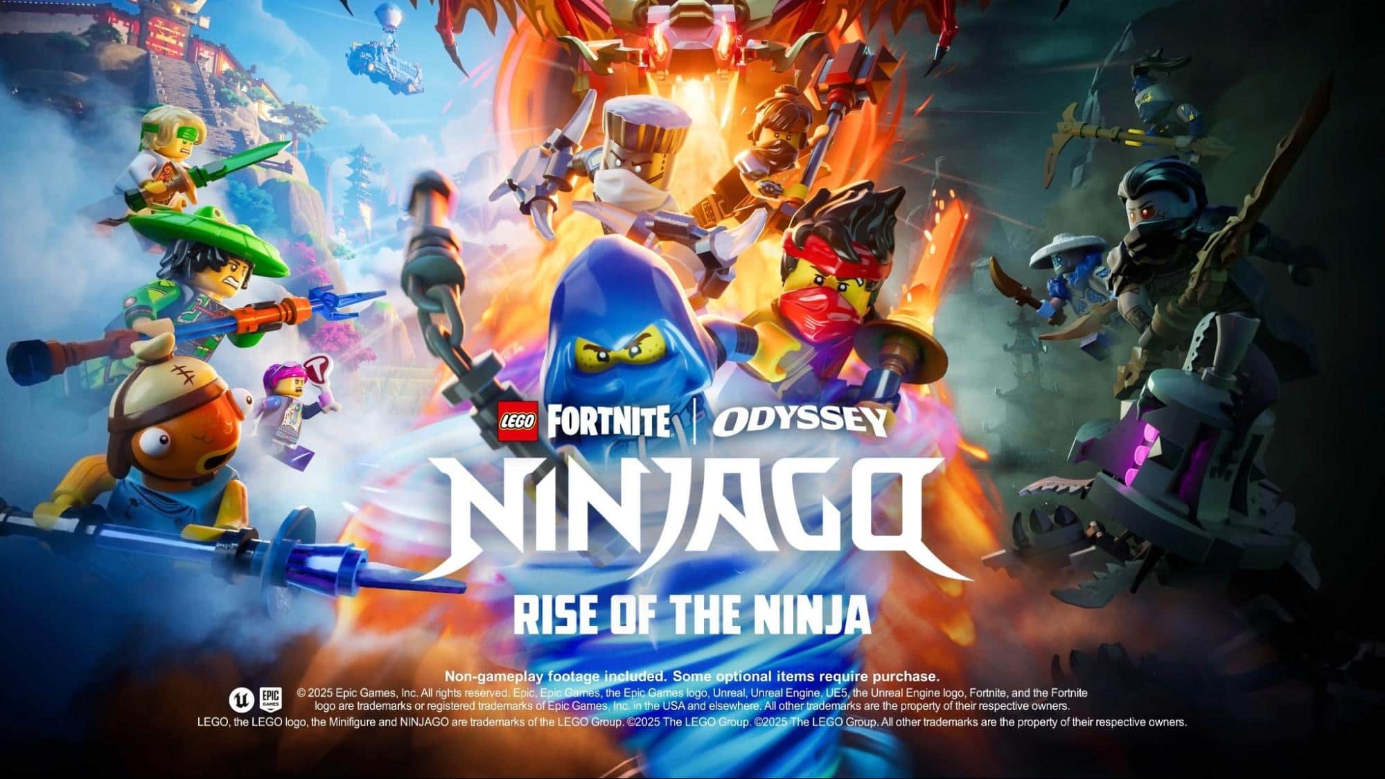 A promotional image for a collaboration between LEGO and Fortnite, titled "LEGO Fortnite Ninjago Odyssey: Rise of the Ninja". The image features several LEGO Minifigure characters from the Ninjago theme in various action poses within a detailed LEGO environment