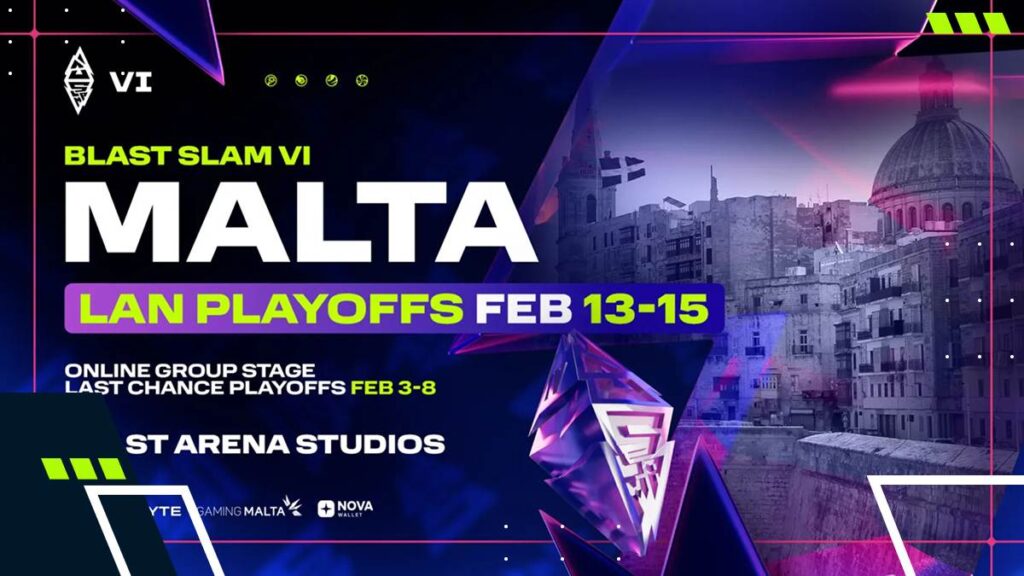 BLAST Slam VI Malta event graphic highlighting LAN Playoffs dates and venue at BLAST Arena Studios.