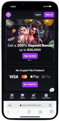 Mobile screenshot of the CoinCasino crypto sportsbook homepage with deposit offer