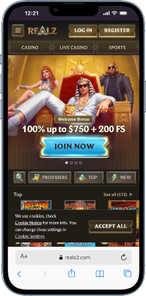 Realz homepage on mobile - a top instant online casino in Australia