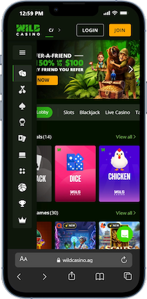 Wild Casino Mobile Homepage
