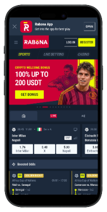 Mobile view of Rabona betting site promoting bonus offer
