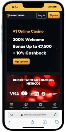 Mobile screenshot of Instant Casino crypto betting site homepage