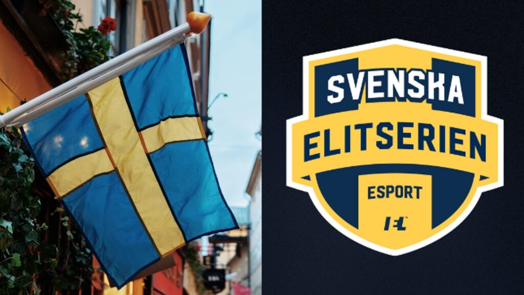 Side by side image of sweden flag in the street next to logo of Svenska Elitserien