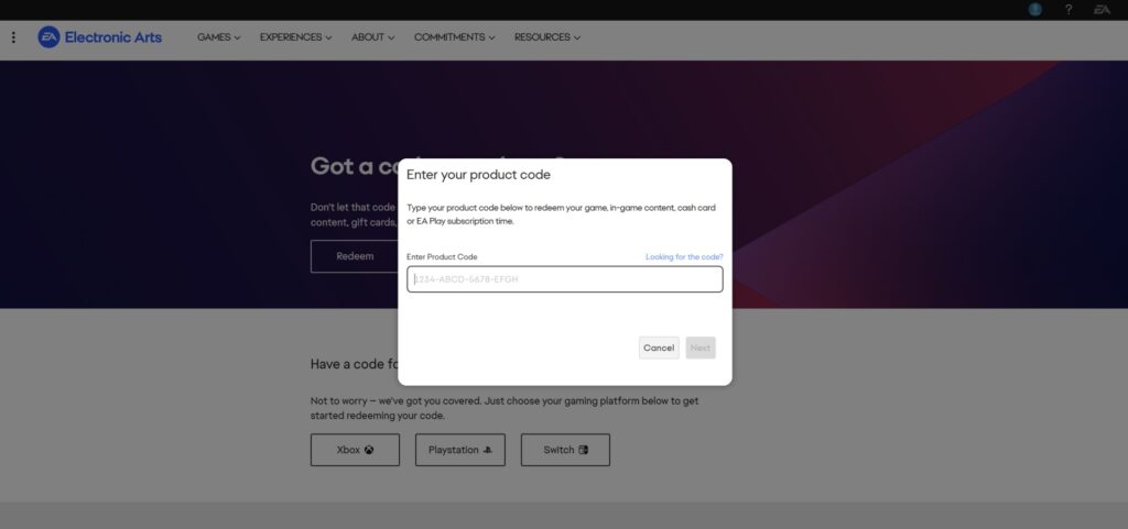 EA redemption page where players enter a product code to unlock Apex Legends content