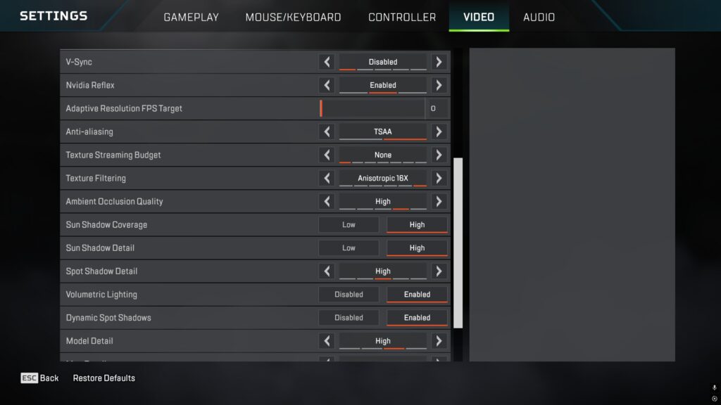 Apex Legends video settings screen