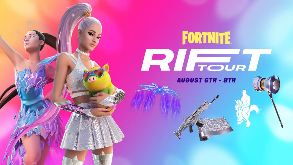 Ariana Grande Fortnite skin holding a plush toy alongside Fortnite Rift Tour branding