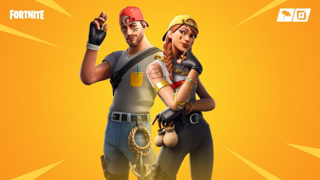 Aura Fortnite skin posing alongside a male character against a yellow background