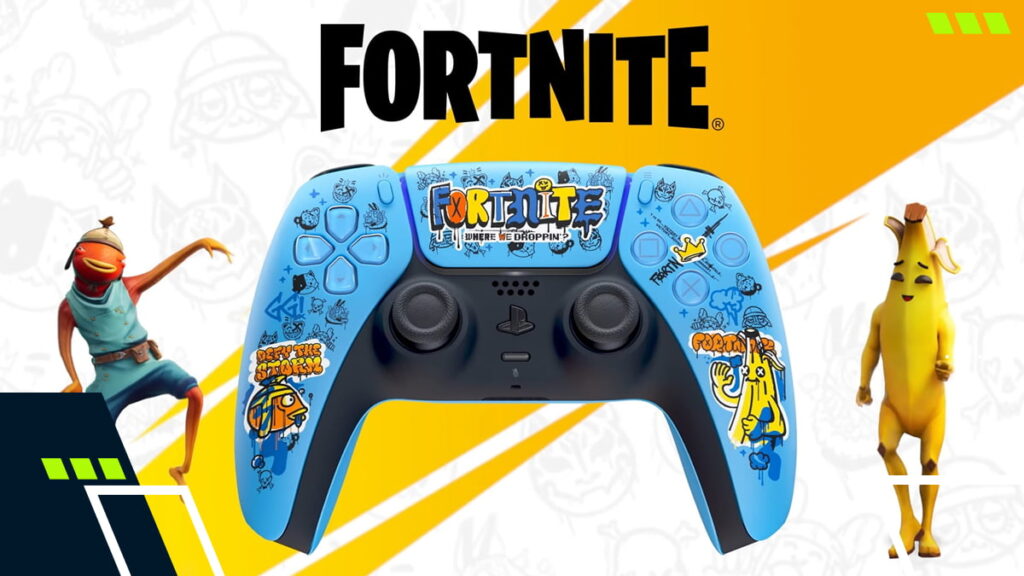 Fortnite-themed controller with custom artwork, Fortnite logo, and Fishstick and Peely characters on each side