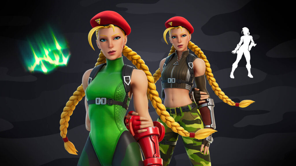 Cammy Fortnite skin shown in green and camo outfits with braided hair and red beret