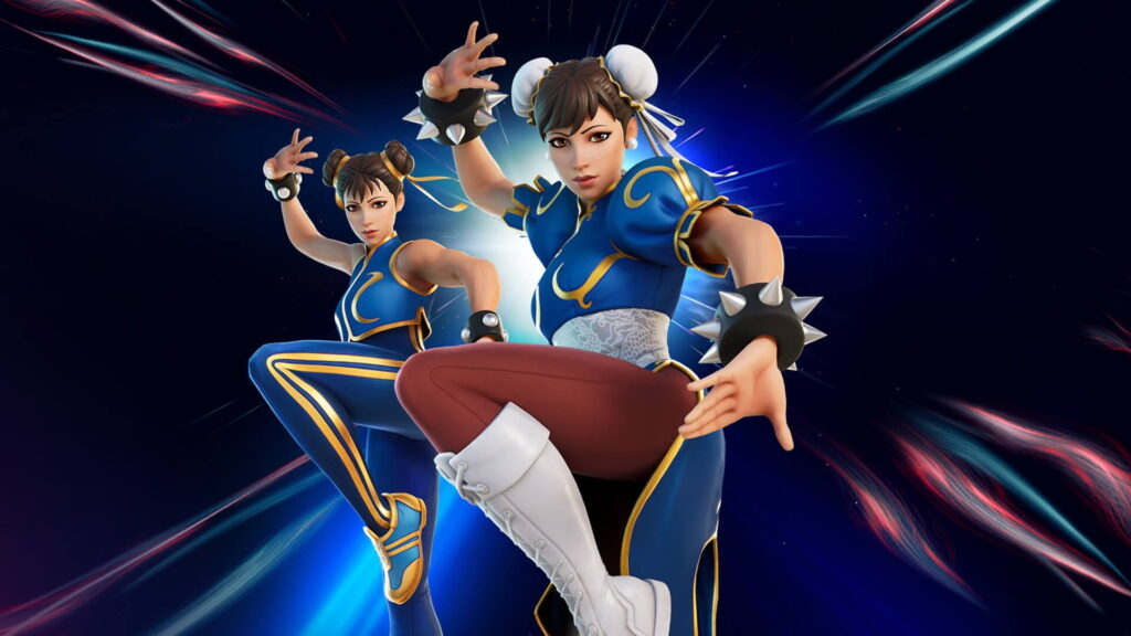 Chun-Li Fortnite skin performing a martial arts pose in a blue outfit